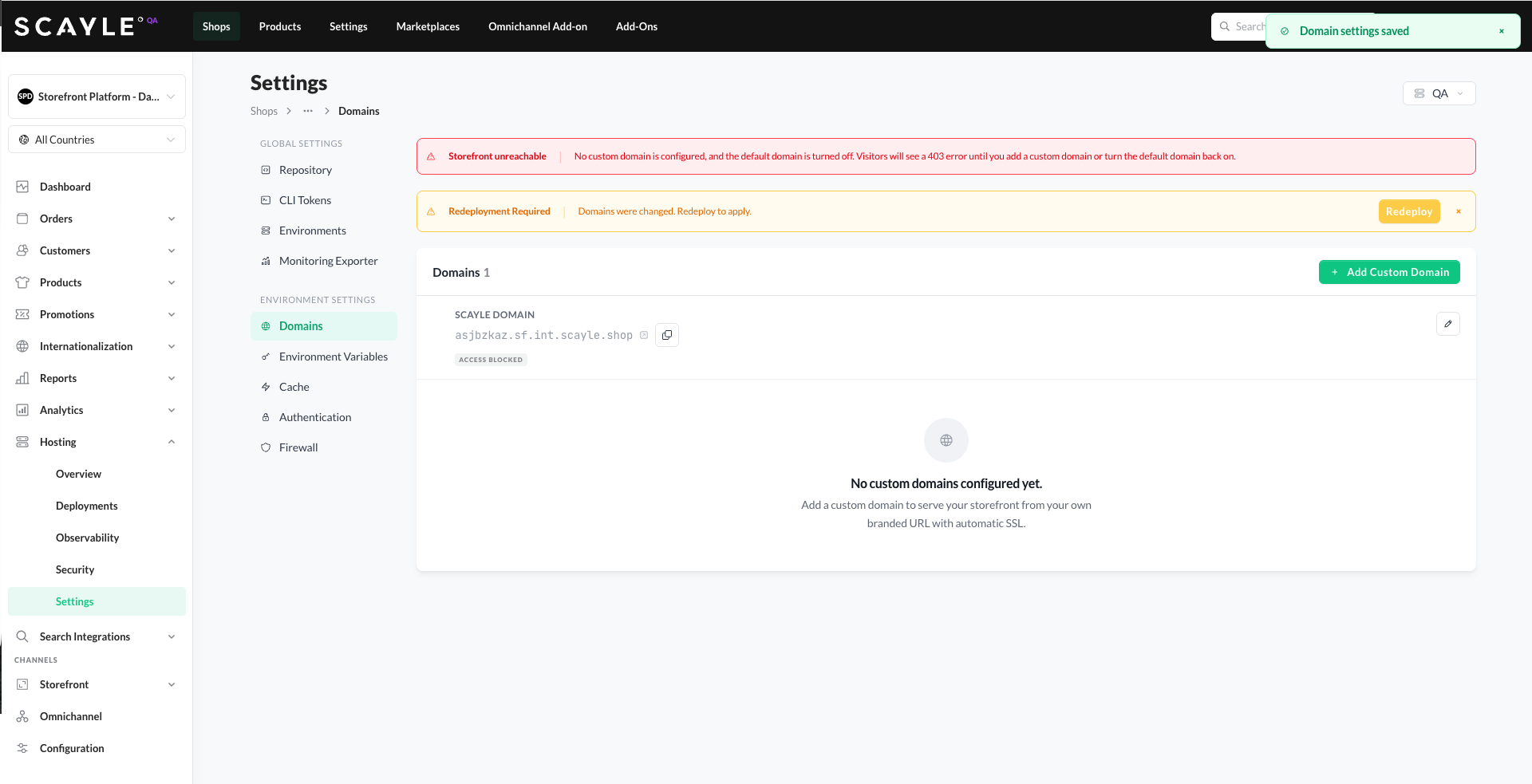 omains page showing a red Storefront unreachable banner at the top, with the SCAYLE Domain row marked ACCESS BLOCKED and no custom domain configured.